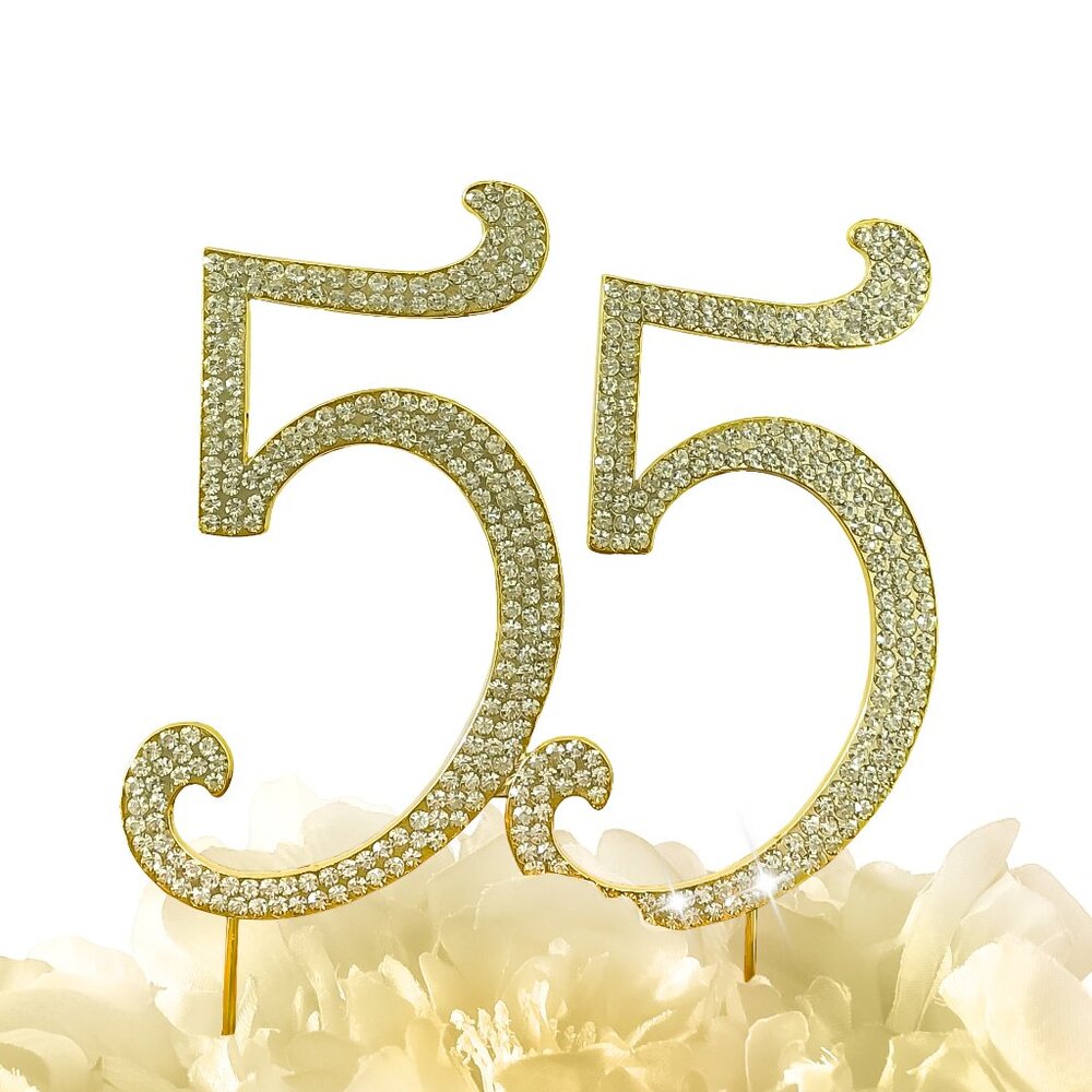 Rhinestone Cake Topper - Number 55 - Gold Metal with Czech Rhinesontes